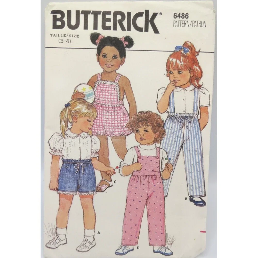 BUTTERICK 6486 Toddlers Shorts Pants Overalls Size 3-4 1980s Playwear